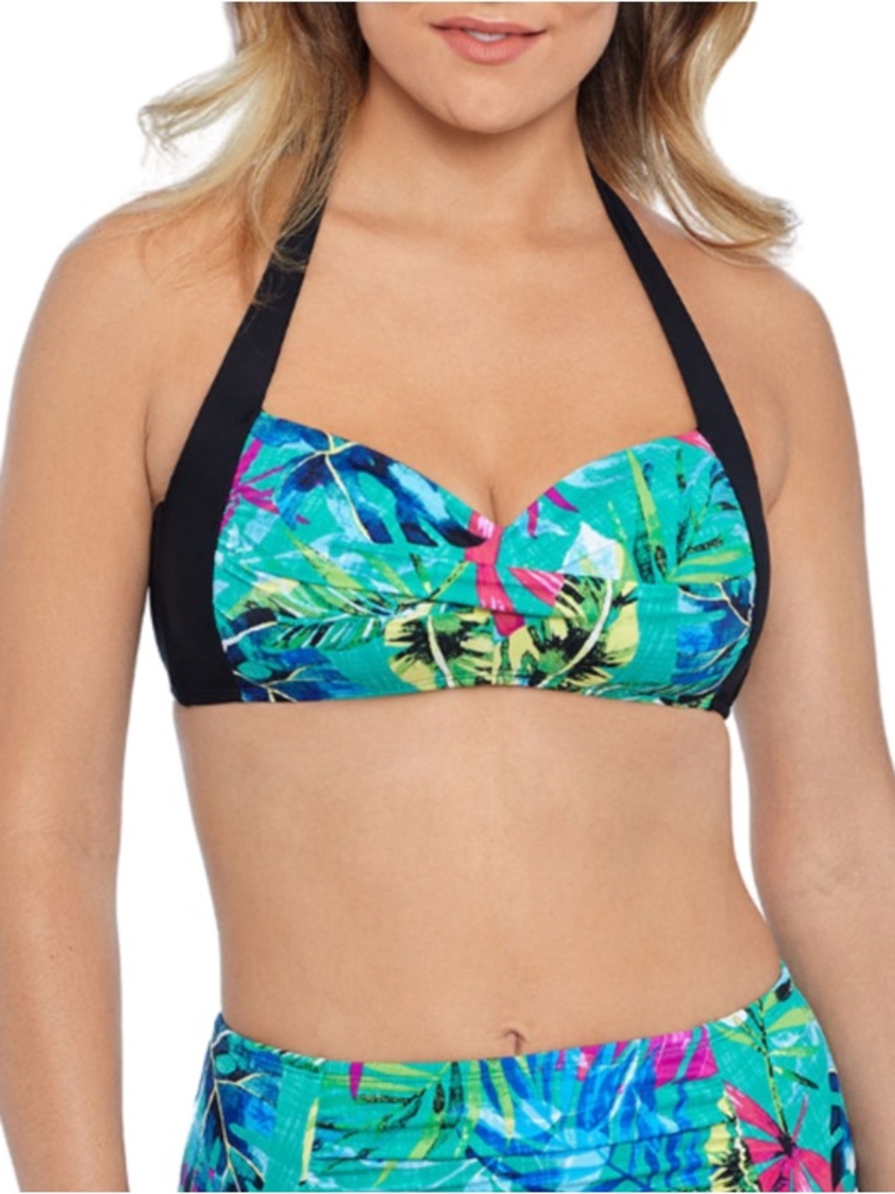 Twist-Front Halter Bikini Top in Tropical Teal Multi